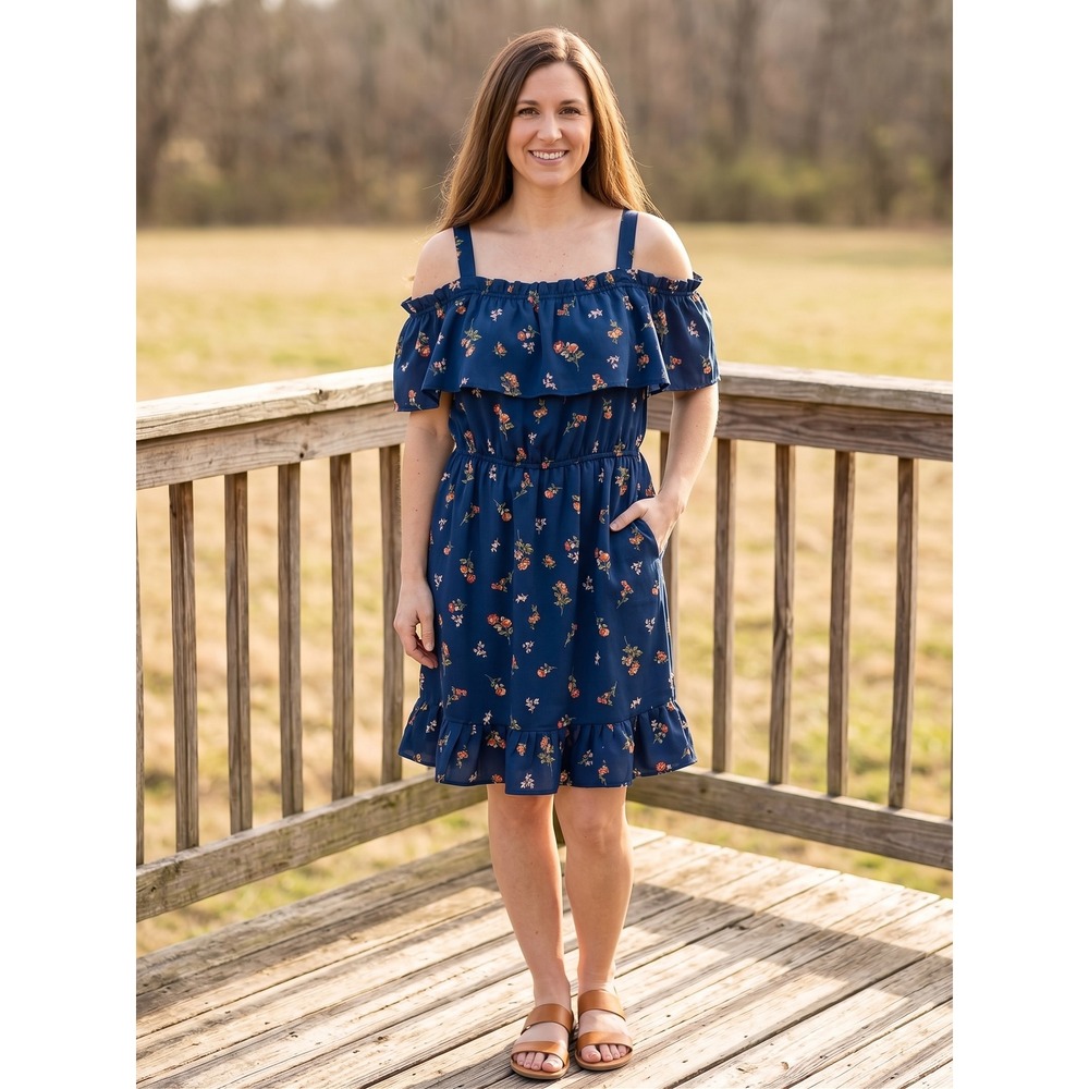 Liberty Love Plus Size 2XL Navy Blue Floral Ruffle Cold Shoulder Sun Dress
